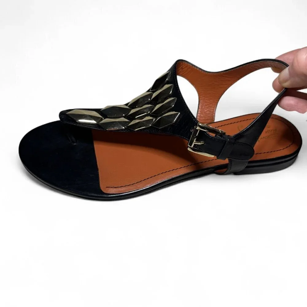 Santoni Women's Toe Strap Sandals In Black w Gold Accents sz EU 37.5 NWOB